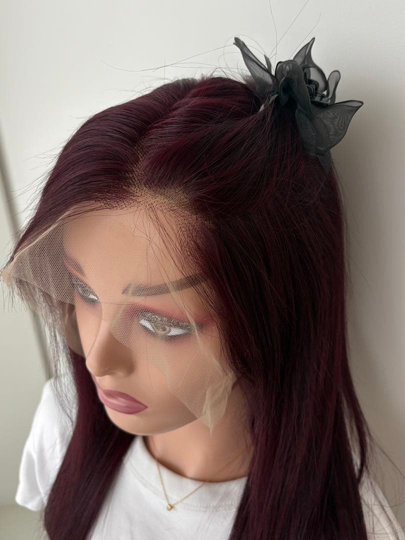 【新品】人毛100%フルウィッグ｜カシスレッド｜耳かけ・自然なもみあげ｜ロング