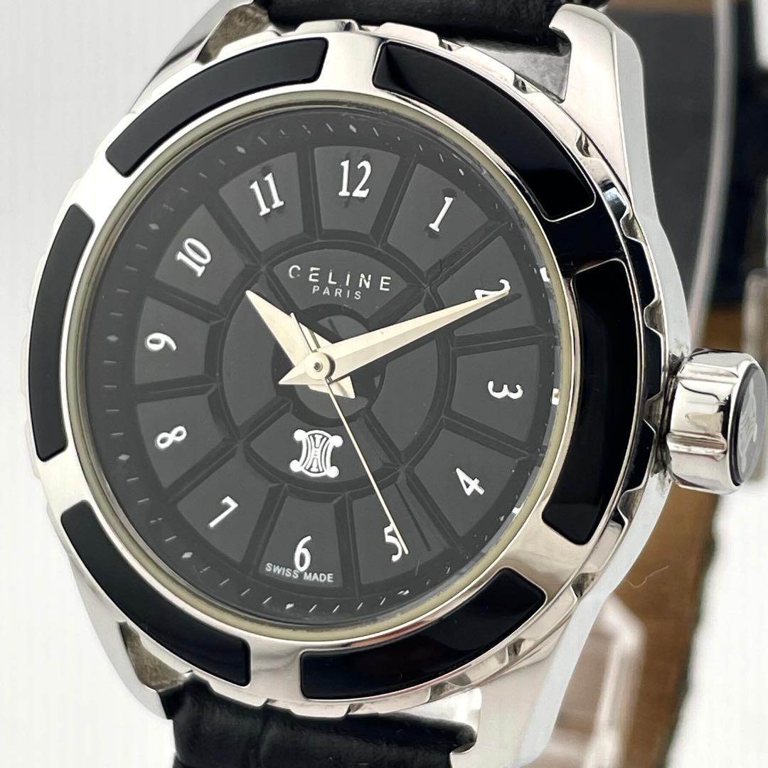 【稼働/新品電池】セリーヌ　トリオンフ　ラベニュー　腕時計　黒文字盤　ボーイズ
