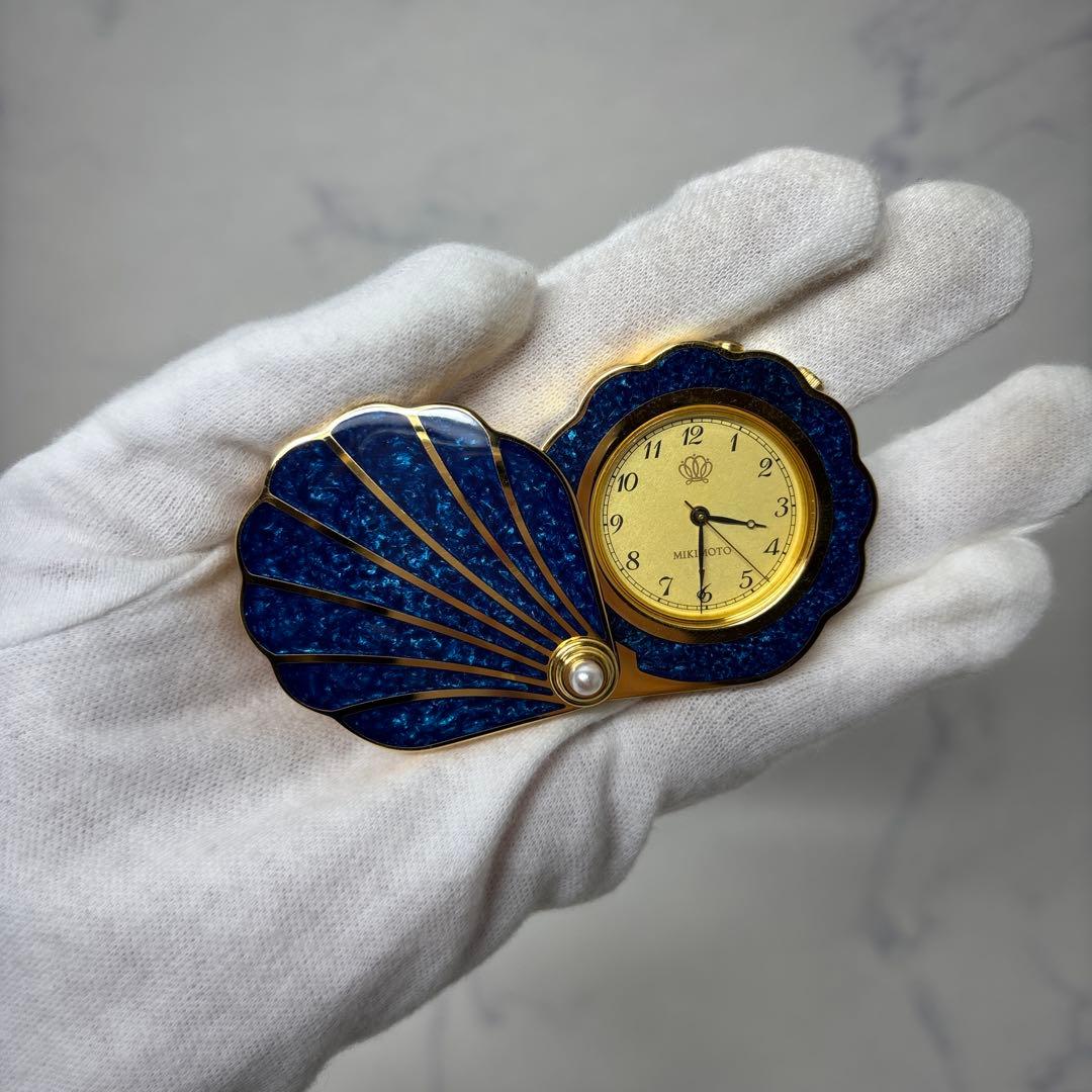 0508 ミキモト　クリスタルラッカー　シェル型　トラベルクロック　ブルー