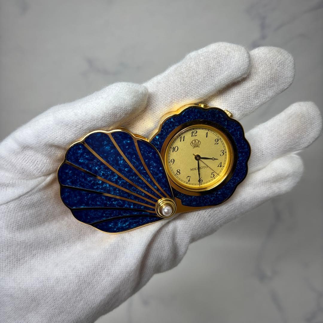 0508 ミキモト　クリスタルラッカー　シェル型　トラベルクロック　ブルー