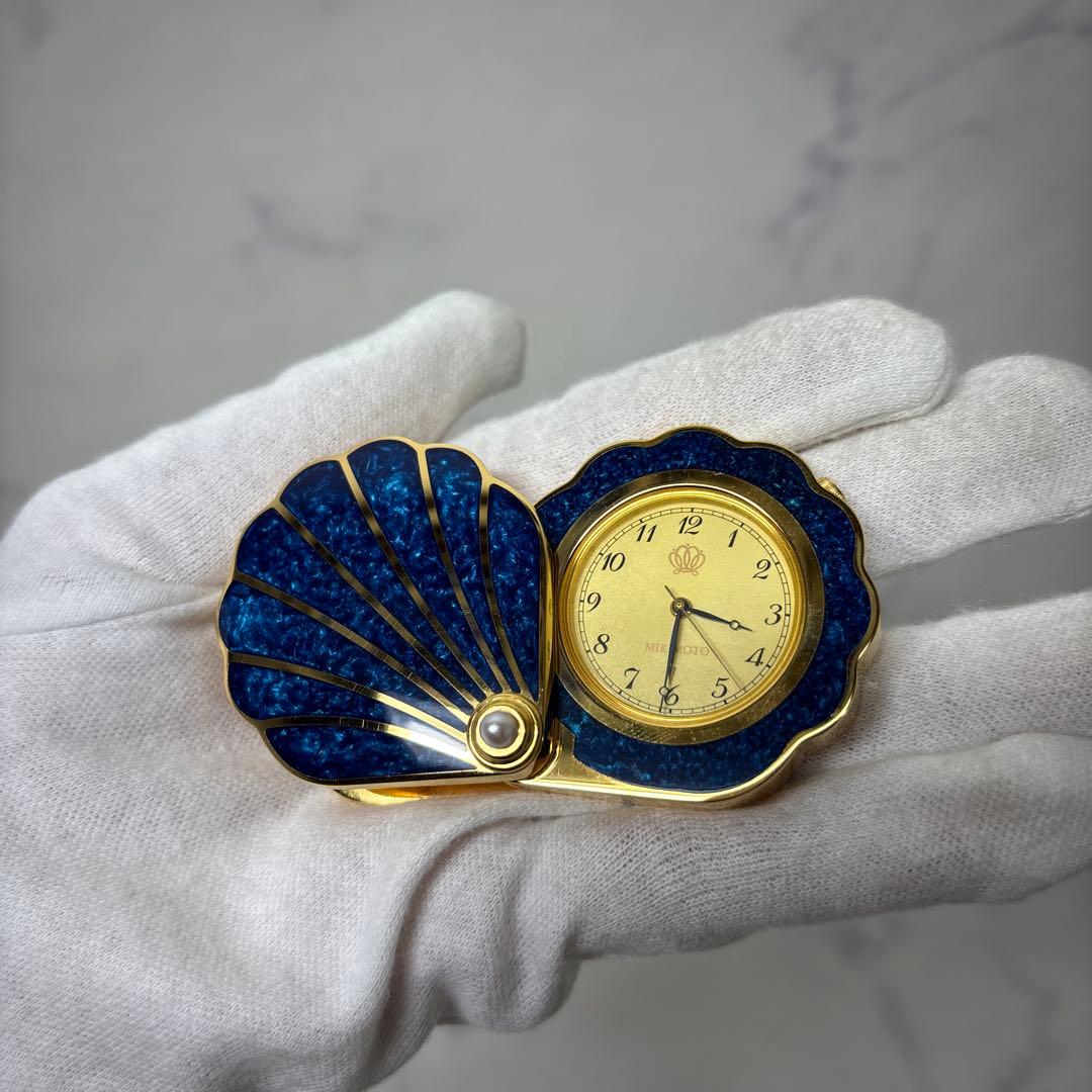 0508 ミキモト　クリスタルラッカー　シェル型　トラベルクロック　ブルー