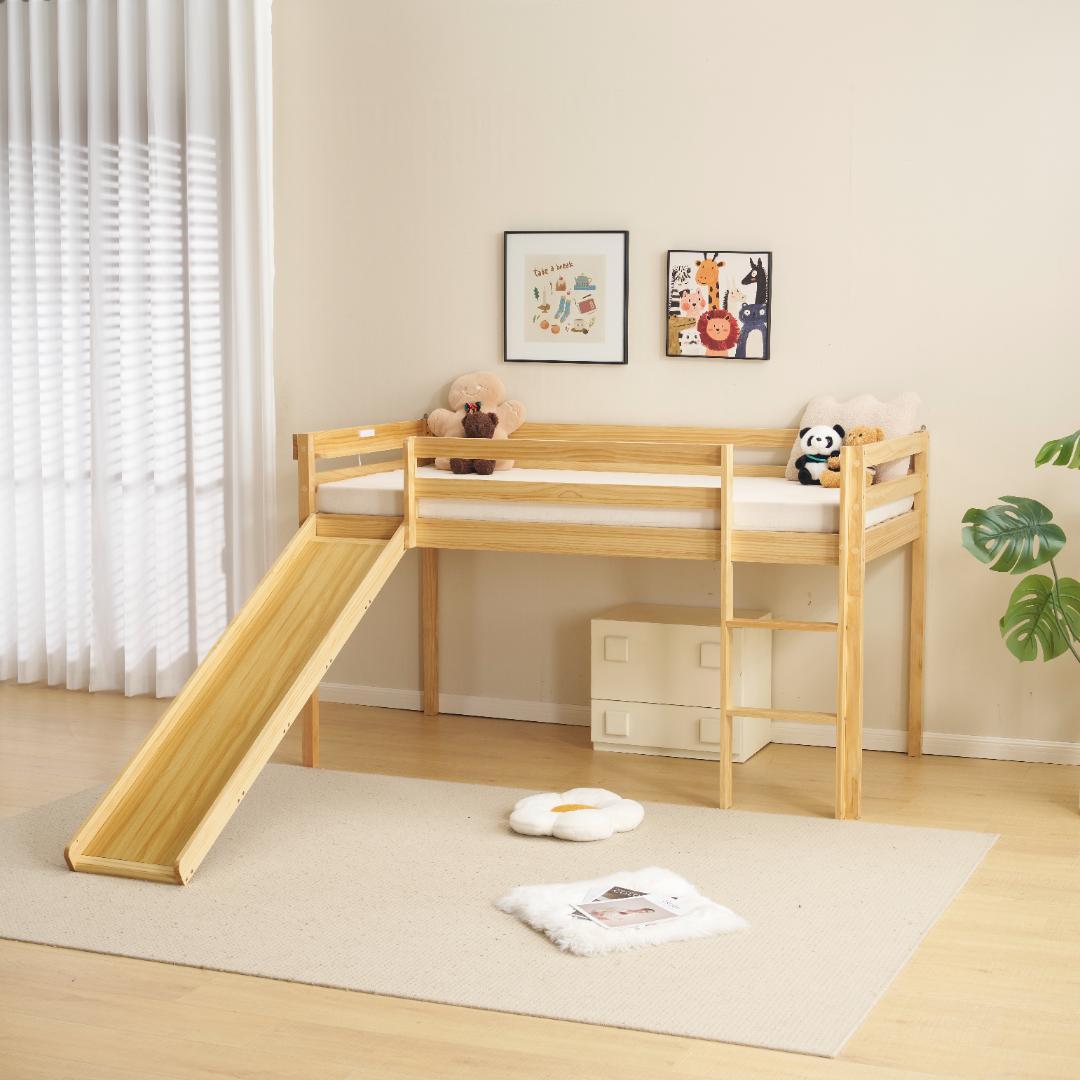 ロフトベッド 頑丈 ロータイプ 階段付き 天然木 コンセント付き Natural