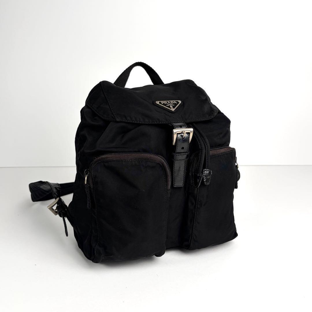 美品 プラダ リュック バックパック 巾着 ベルト 三角ロゴ ナイロン レザー