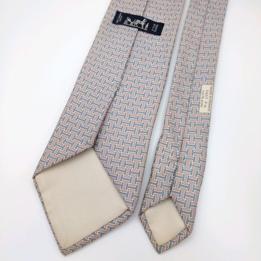 【美品】エルメス ネクタイ ピンク 水色 H柄 高級 ハイブランド【フランス製】