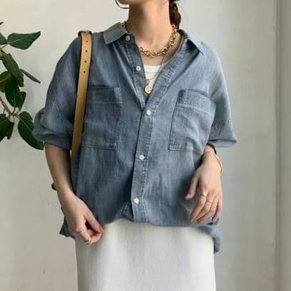 【一度のみ着用】25SS DouDou 袖リブシアーデニムシャツ サックス