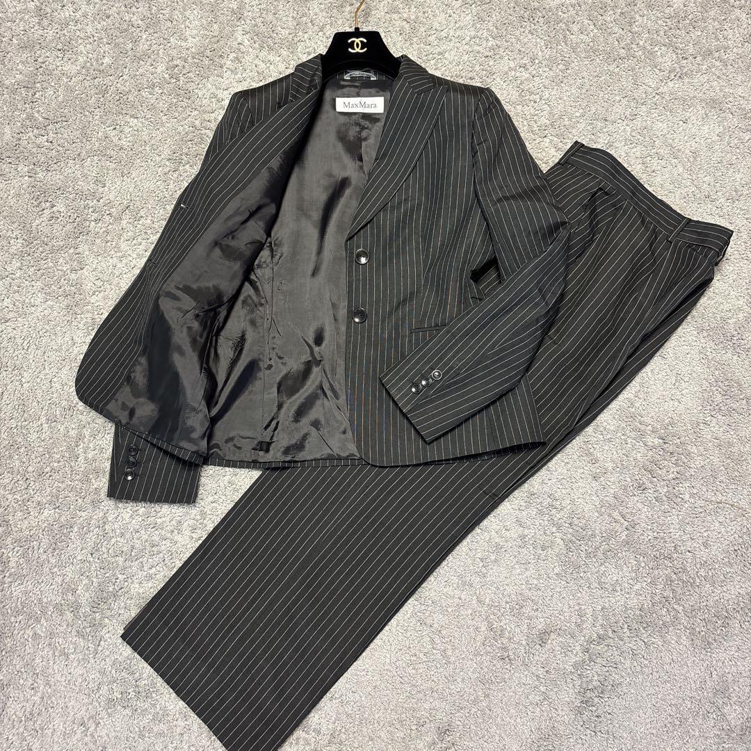 希少サイズ⭐︎マックスマーラ　 リネンシルク混ブラックスーツ　ストライプ 44