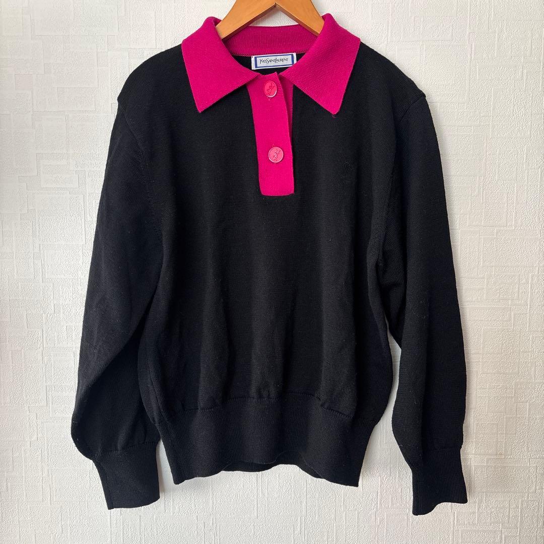 【イヴ サン ローラン】　ニットセーター　襟付き　レディース　ロゴ　M