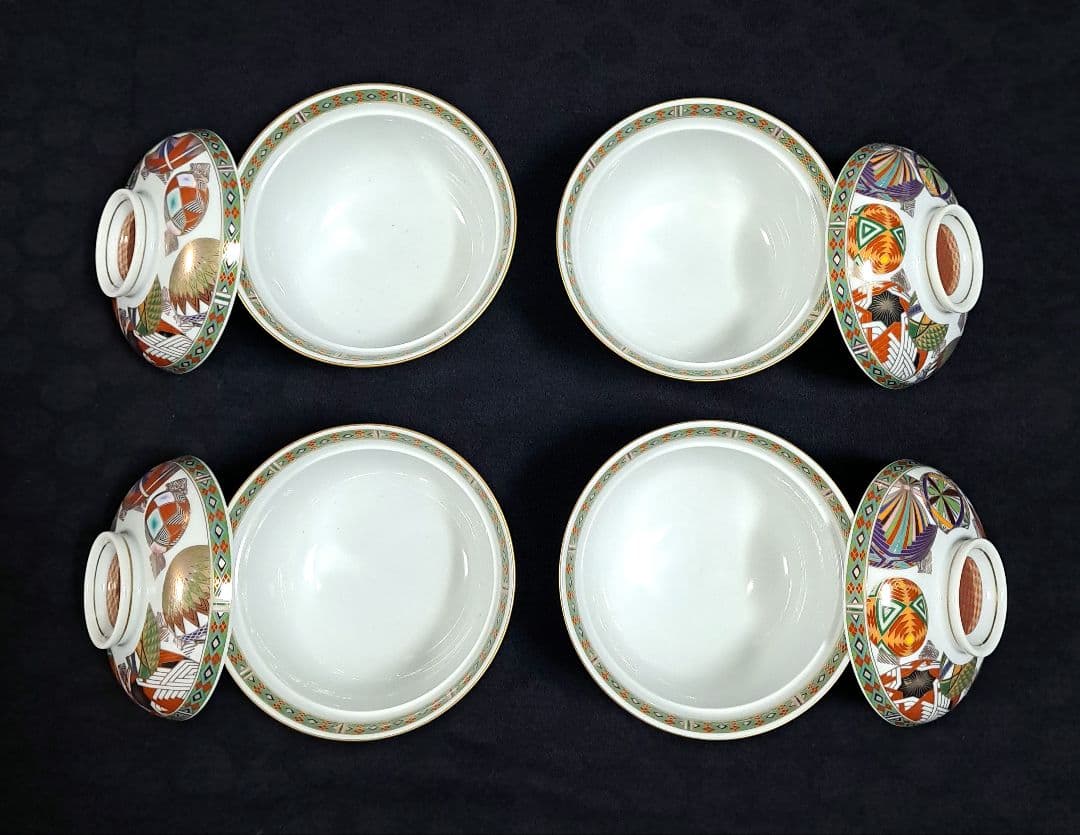 J*0様 【未使用】庫山窯　色絵手まり　蓋付き丼　小丼　蓋付き煮物碗　 4客