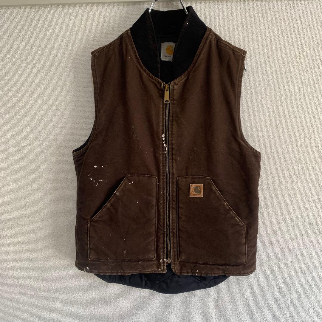カーハート ダックベスト　ブラウン　焦茶　フェード　ペンキ飛び