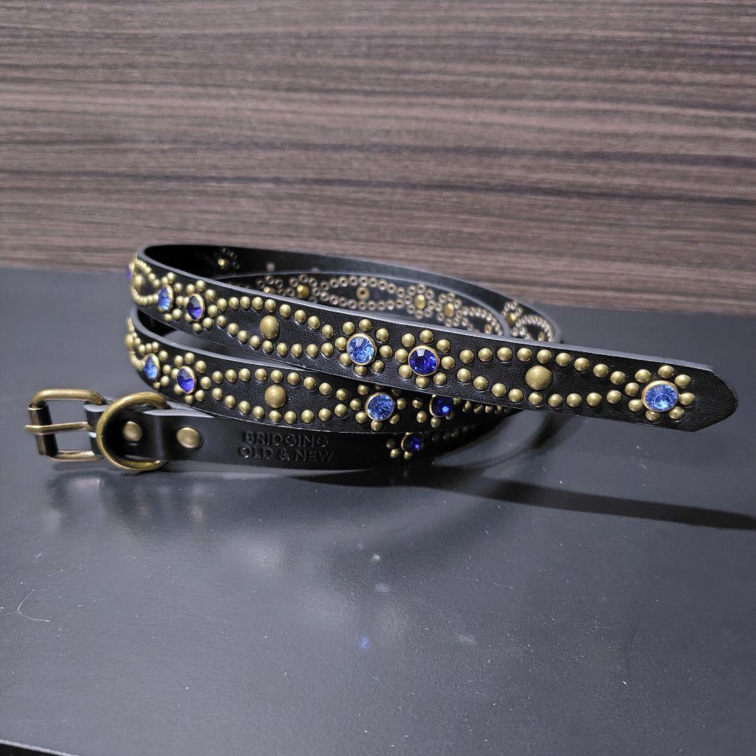 クロス青■本革レザーフルスタッズナローベルト☆アンティークゴールドアクアマリン