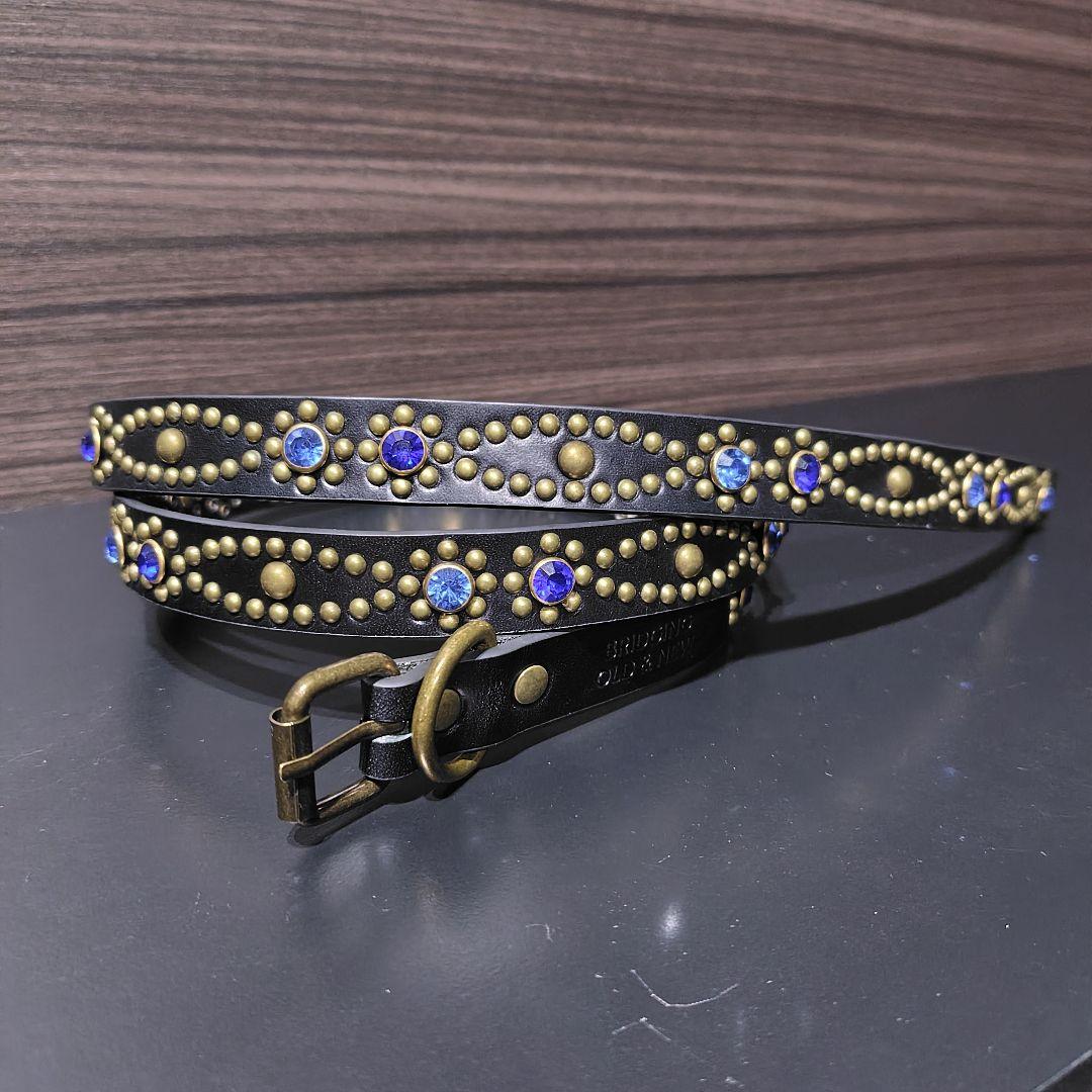 クロス青■本革レザーフルスタッズナローベルト☆アンティークゴールドアクアマリン