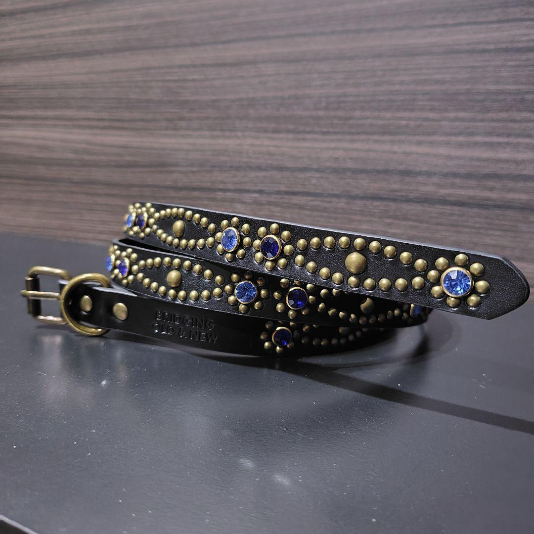 クロス青■本革レザーフルスタッズナローベルト☆アンティークゴールドアクアマリン