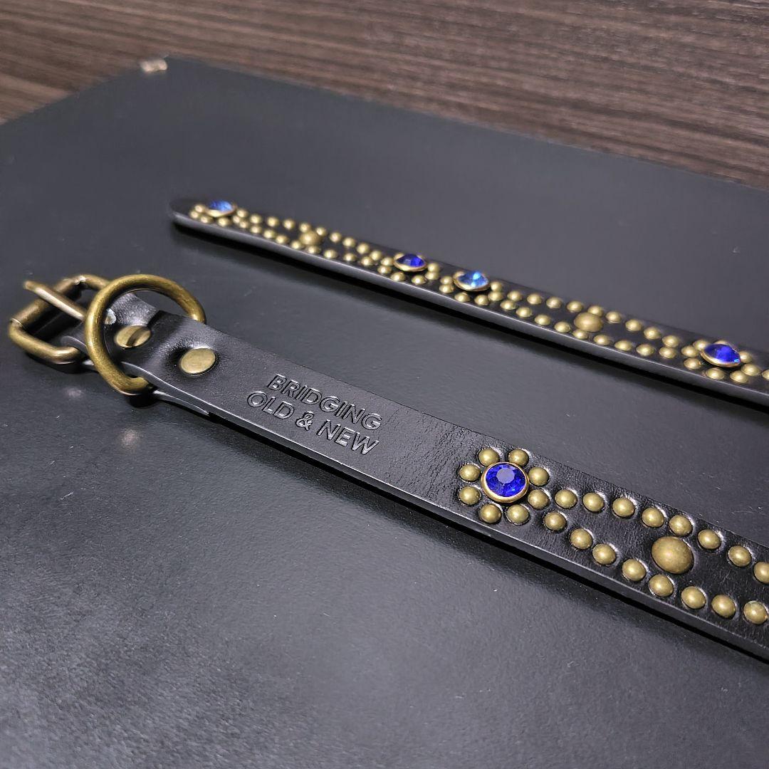 クロス青■本革レザーフルスタッズナローベルト☆アンティークゴールドアクアマリン