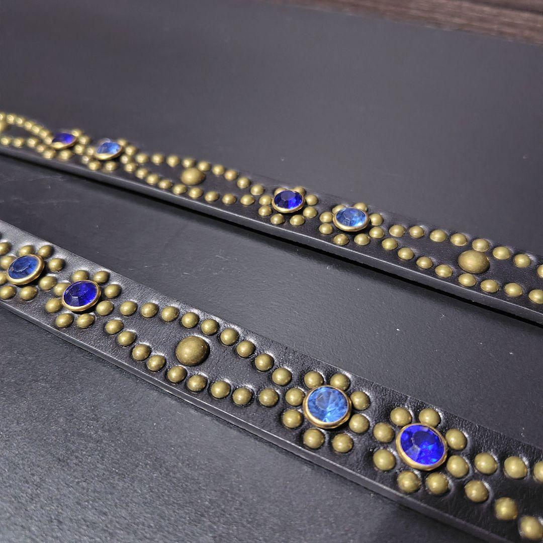 クロス青■本革レザーフルスタッズナローベルト☆アンティークゴールドアクアマリン