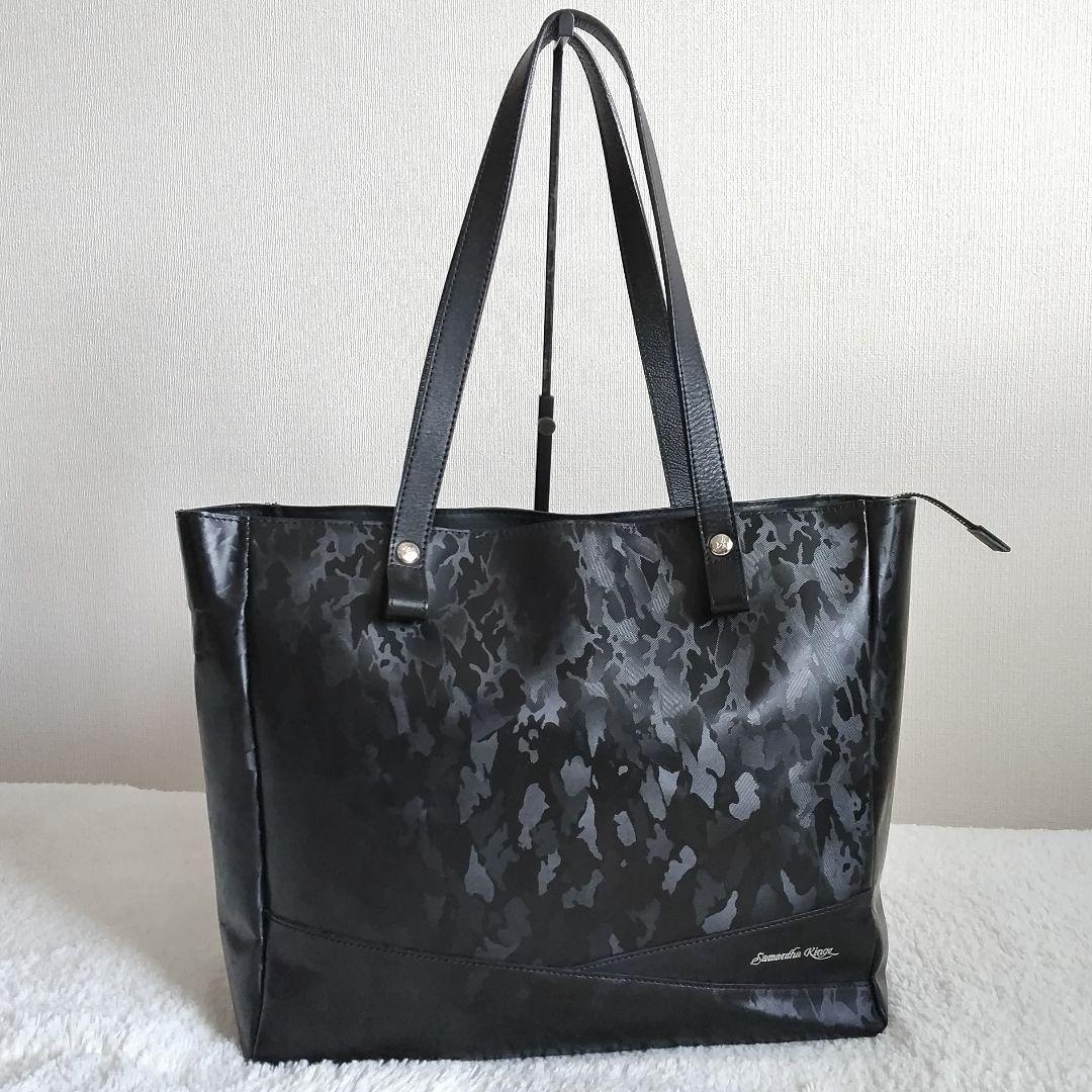 サマンサキングズ カモフラ 総柄 ロゴ 肩掛けレザー トートバッグ 黒