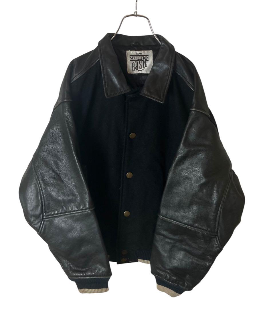 レトロ古着レザー×ウール×オールブラックデザイン襟付きスタジャン中綿入りゆったり