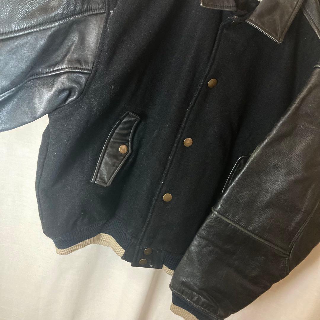 レトロ古着レザー×ウール×オールブラックデザイン襟付きスタジャン中綿入りゆったり