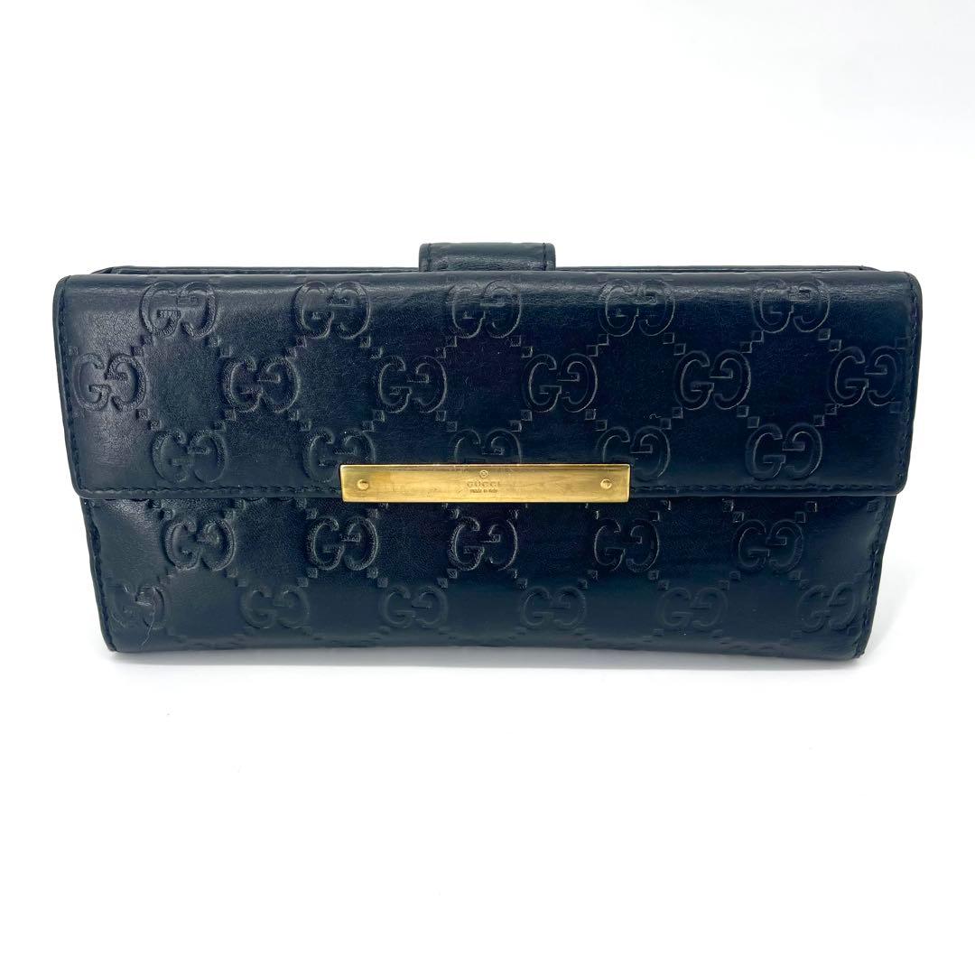 美品✨グッチ 長財布 レザー Wホック GGシマ ブラック 金ロゴプレート