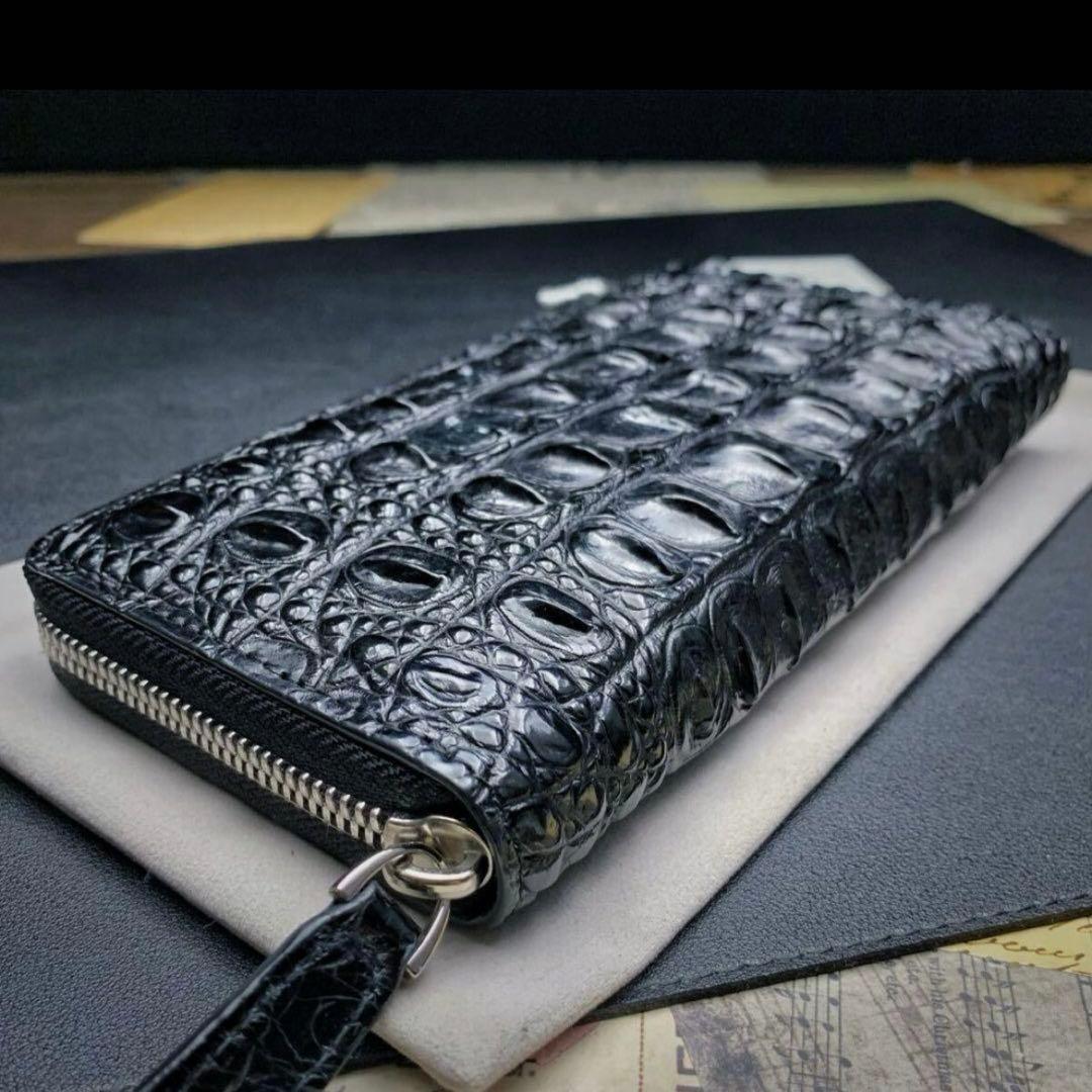 新品 クロコダイル ラウンドファスナー メンズ 長財布 背中革 綺麗黒 財布
