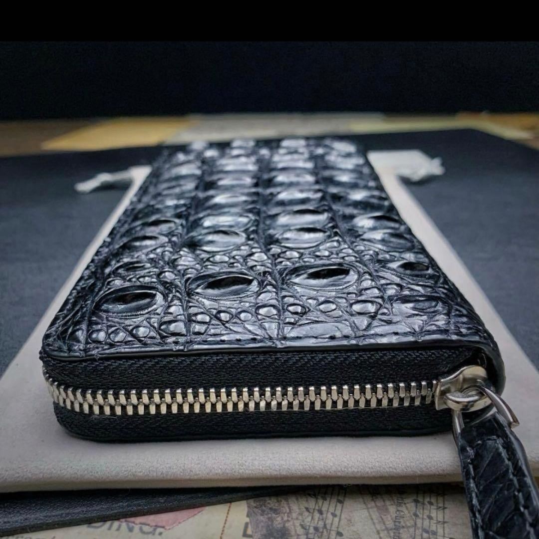 新品 クロコダイル ラウンドファスナー メンズ 長財布 背中革 綺麗黒 財布