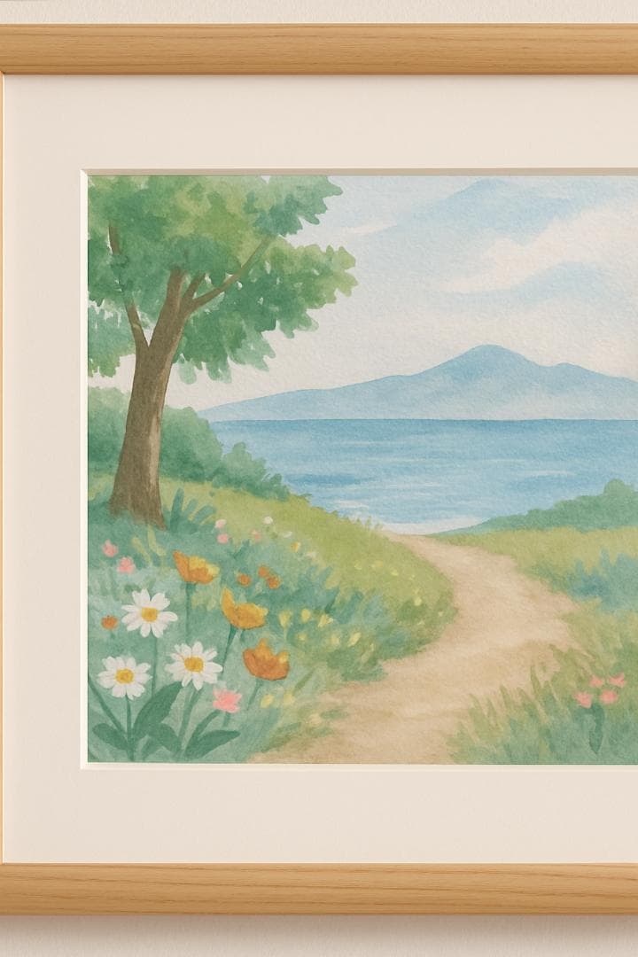 【原画】水彩風景画 海辺の小道 額縁付き 自然アート 一点物