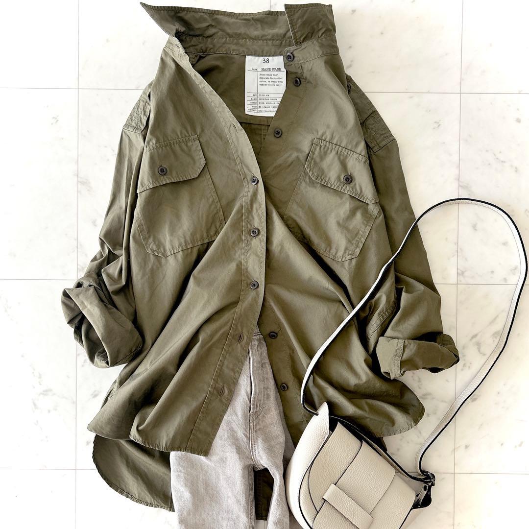 人気 ドゥーズィエムクラス オーバーサイズ ミリタリー シャツ カーキ長袖