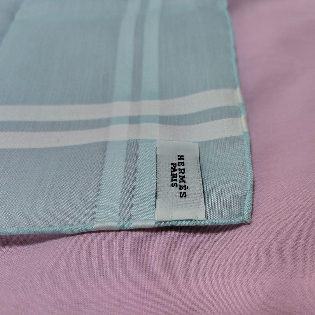 【未使用品】HERMES 水色 ストライプ ハンカチ ジャガード ドゥ H