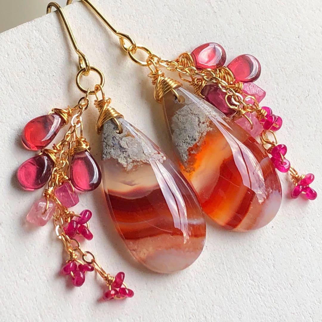 天然石☆ロンギド産ルビー×カーネリアンアゲートの真っ赤な秋のピアス14kgf