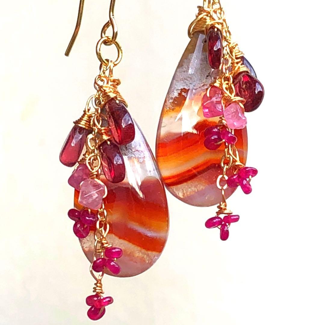 天然石☆ロンギド産ルビー×カーネリアンアゲートの真っ赤な秋のピアス14kgf