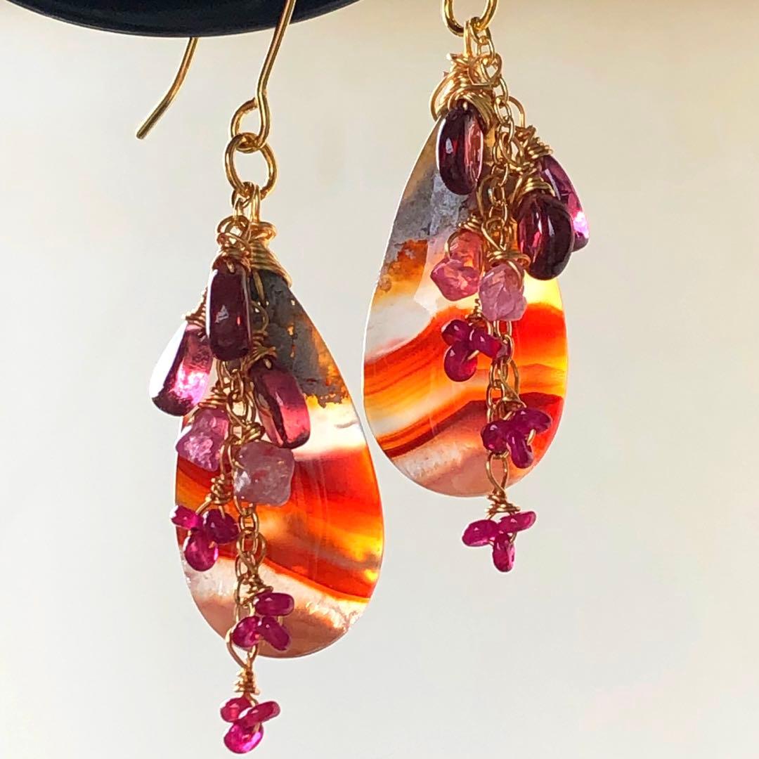 天然石☆ロンギド産ルビー×カーネリアンアゲートの真っ赤な秋のピアス14kgf