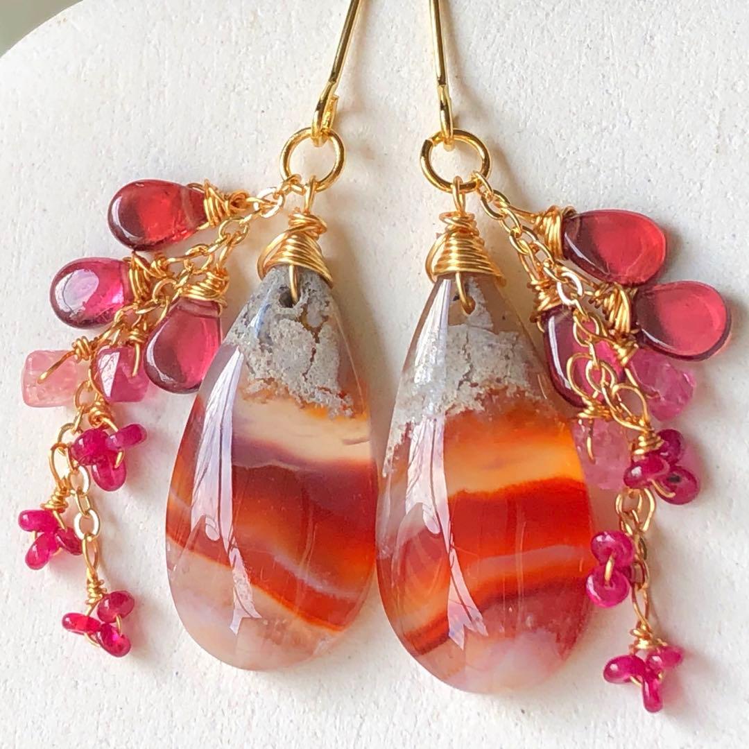 天然石☆ロンギド産ルビー×カーネリアンアゲートの真っ赤な秋のピアス14kgf