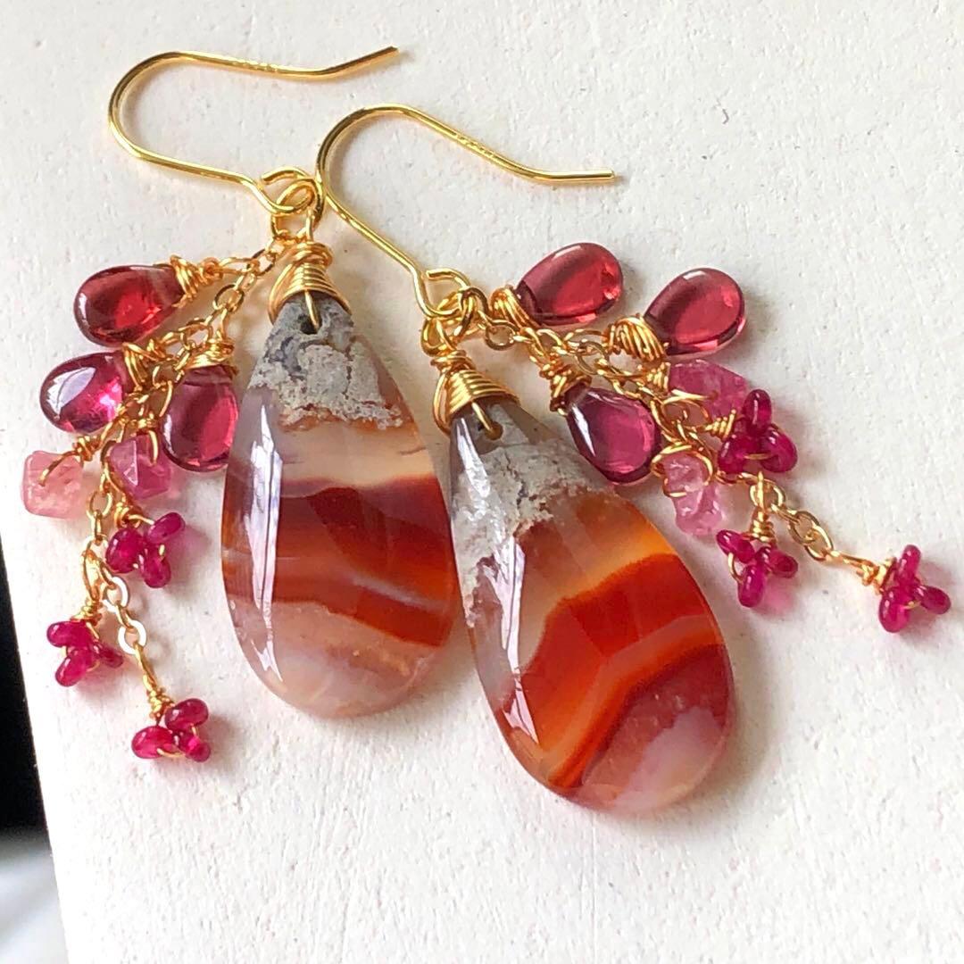 天然石☆ロンギド産ルビー×カーネリアンアゲートの真っ赤な秋のピアス14kgf