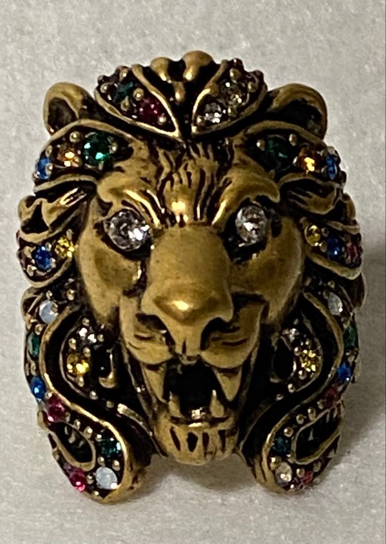 GUCCI グッチ ライオン マルチカラーラインストーン リング 16号