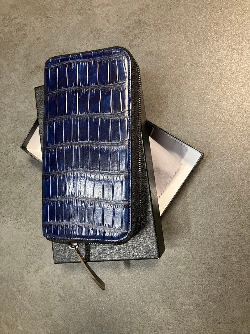 池田工芸 藍染め クロコダイル ラウンド ファスナー　ビックウォレット