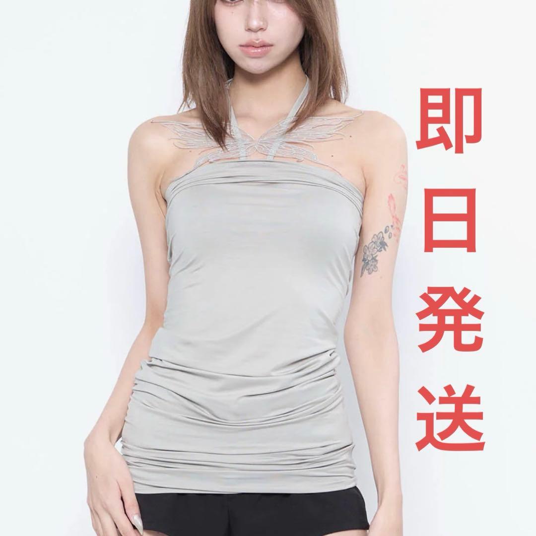 theredthered S butterfly halter tops グレー