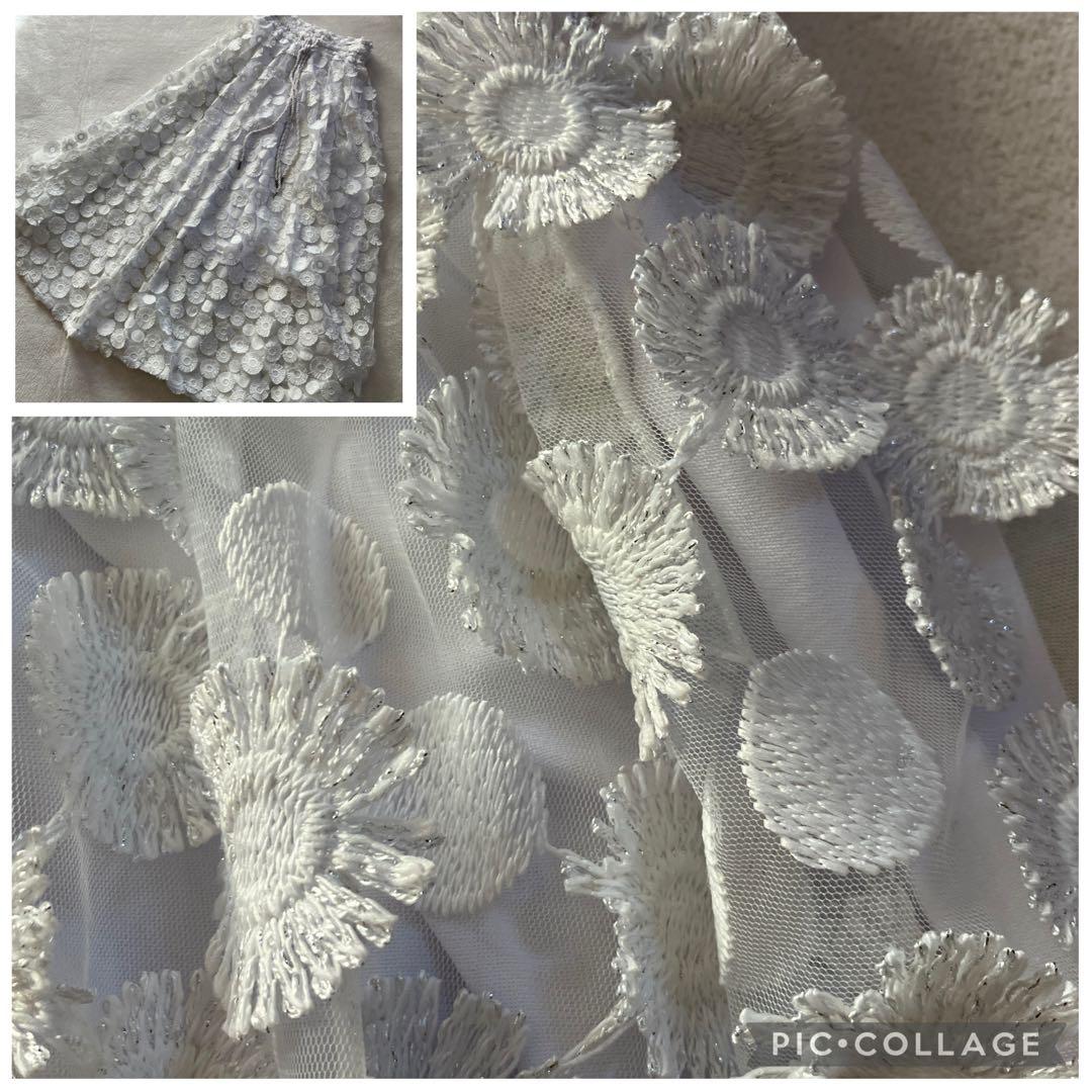 オブリ　マーガレットドット刺繍　レース　ホワイトフレアロングスカート M