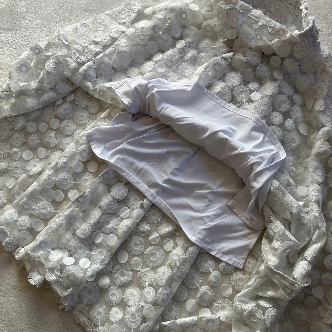 オブリ　マーガレットドット刺繍　レース　ホワイトフレアロングスカート M