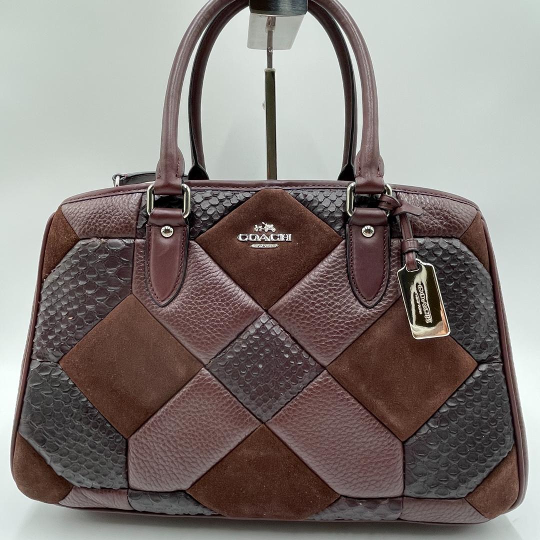 美品 COACH ハンドバッグ レザー ゴールド パッチワーク パイソン