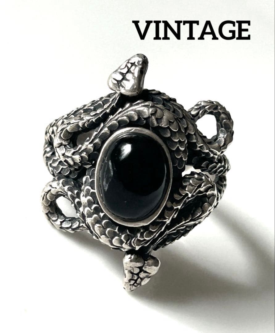 【VINTAGE】スネーク・蛇　オニキス　シルバーリング