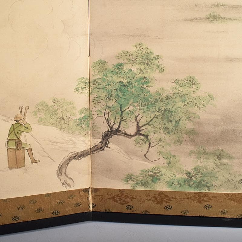 書画　支那事変　野砲戦図　小屏風　衝立　M　R7573B