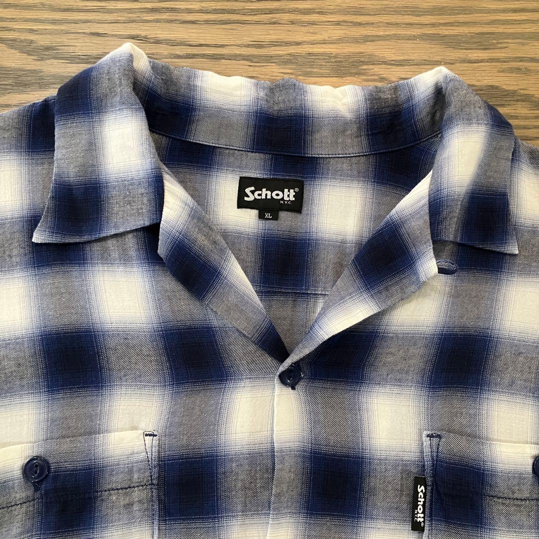 【超美品】Schott ショット オンブレ チェックシャツ レーヨンXL ブルー