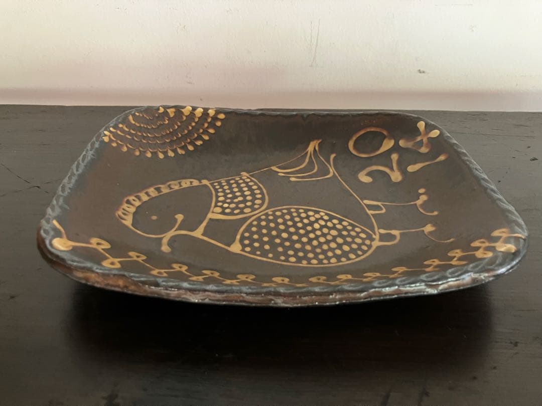 山田洋次作スリップウェア　鳥模様平皿