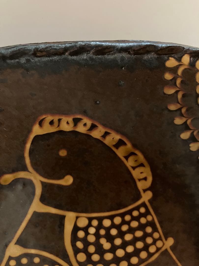 山田洋次作スリップウェア　鳥模様平皿