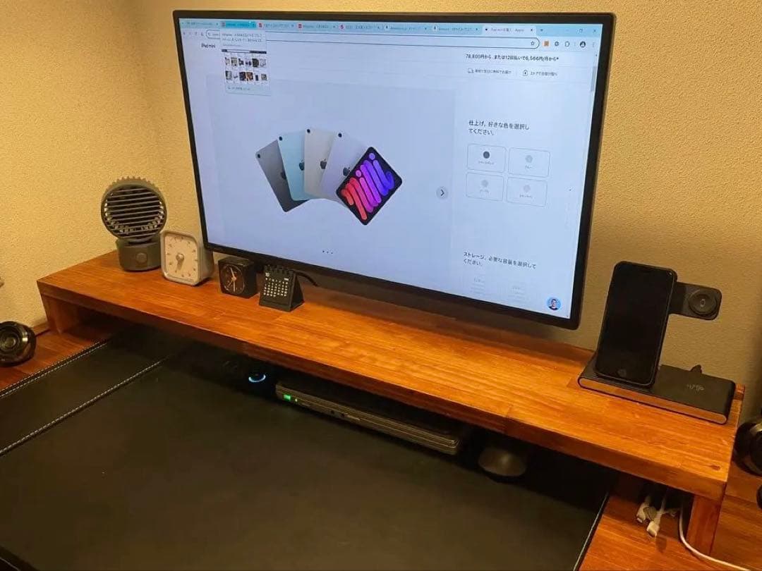 無垢材モニタースタンド 卓上 デスクシェルフ (ダークウォールナット)