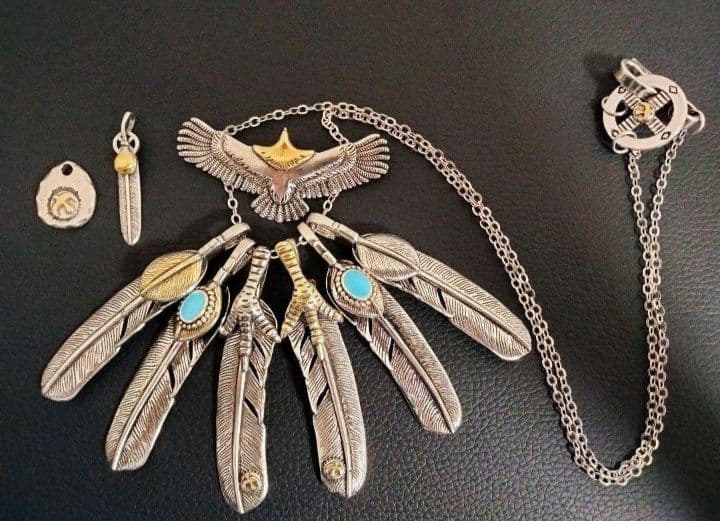 超豪華！特大金爪&ターコイズ　フェザー　ネックレス【イーグルフック&ホイール付】