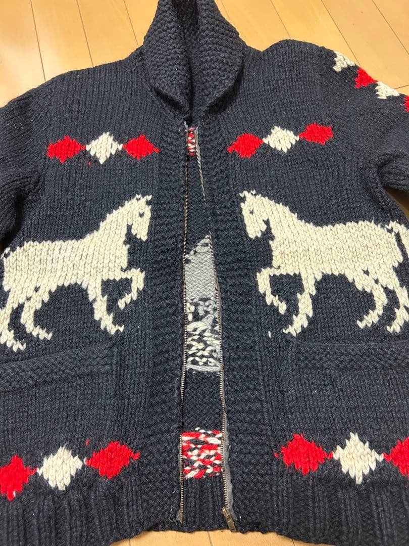 ヴィンテージカウチンセーター　年代不明ブラック馬柄　LIGHTNING zip