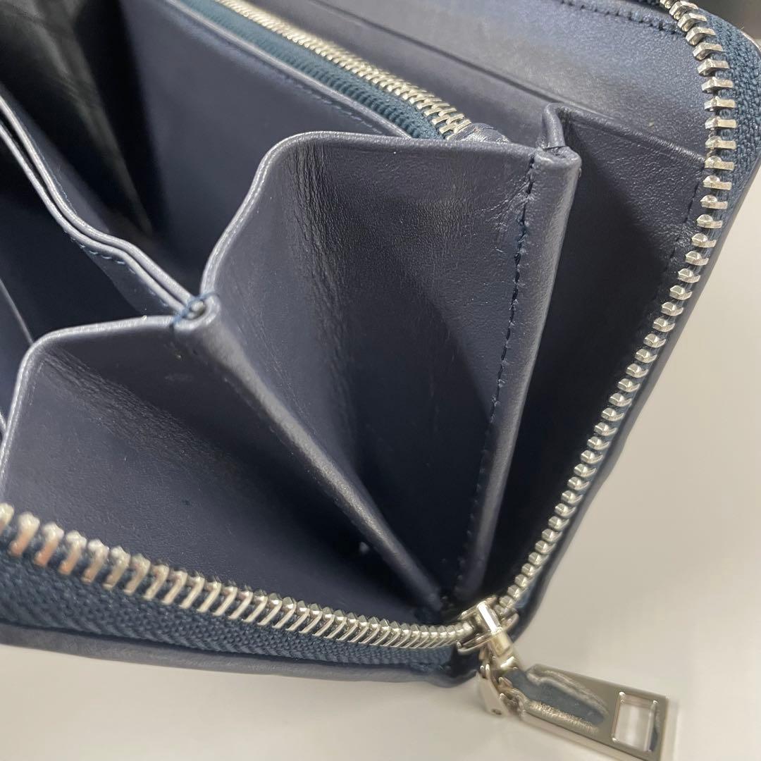 スティングレイ 長財布 ネイビー ストラップ付 大容量 本革 ラウンドファスナー