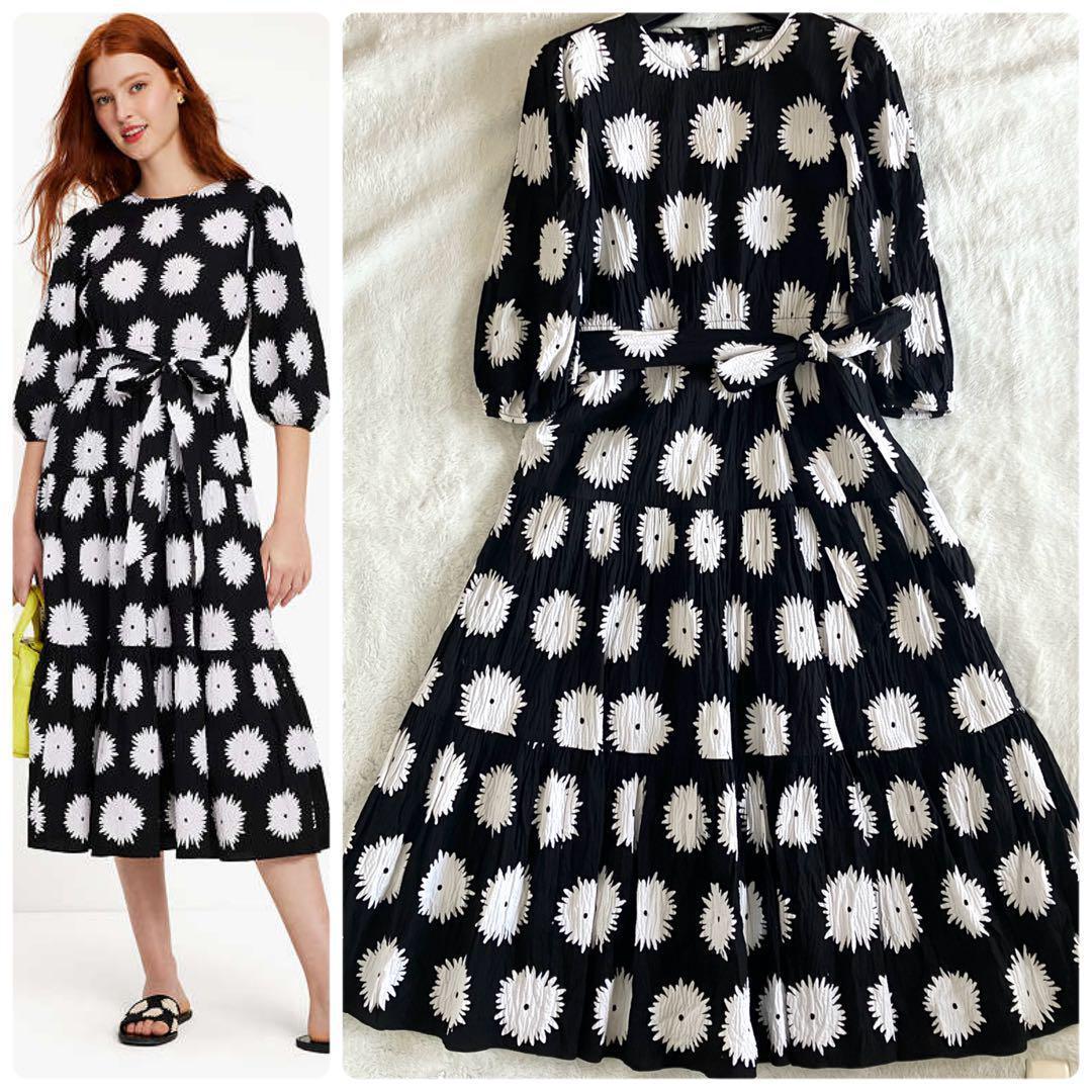 ケイトスペードニューヨーク コットン ベルテッドロングドレス S 黒白