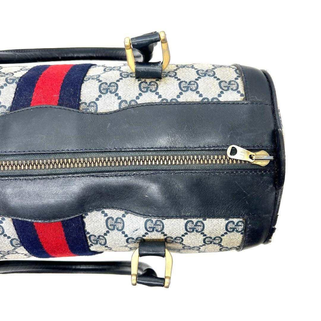 【美品】グッチ ミニボストンバッグ GG シェリーライン PVC ネイビー