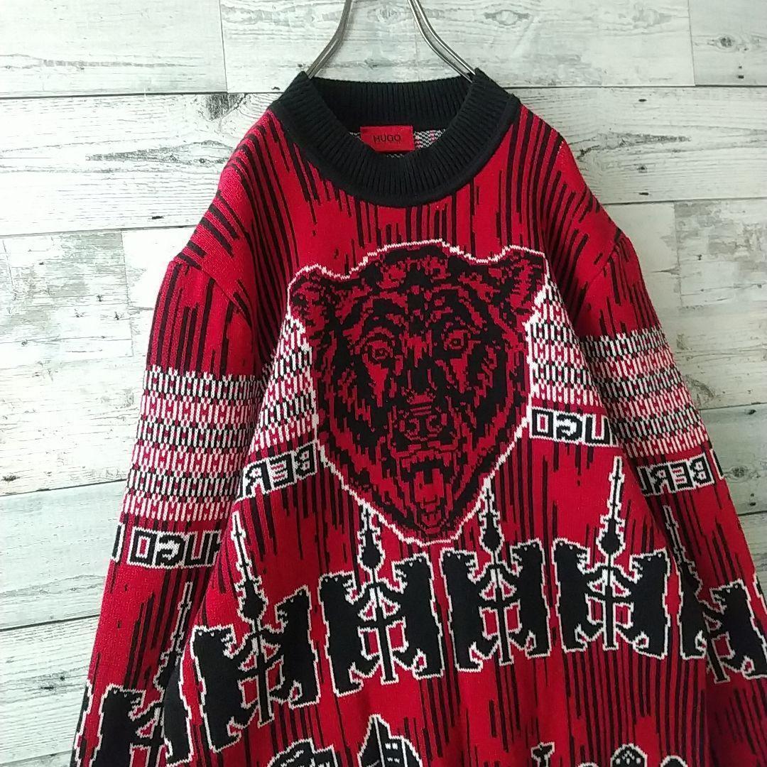 激レアデザイン☆ヒューゴボス クマ ベアー 総柄 ニット XL